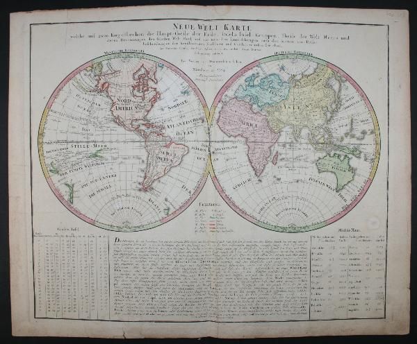 WORLD MAP 2 HEMISPHERES copper engraving HOMANN 1784  