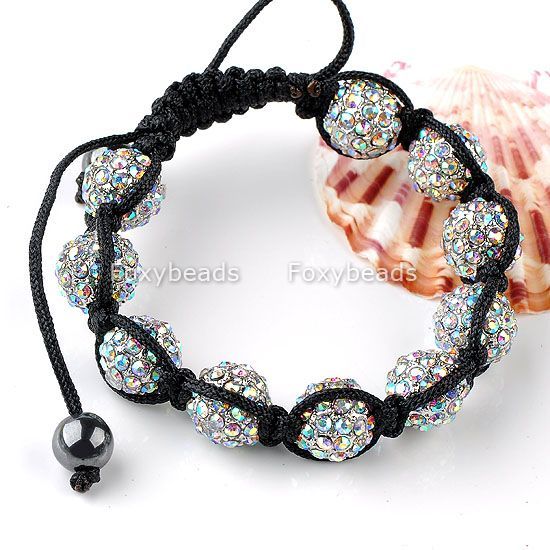 Woven 10 Pave AB Clear Disco Ball Crystal Rhinestone Charm Bead Bangle 