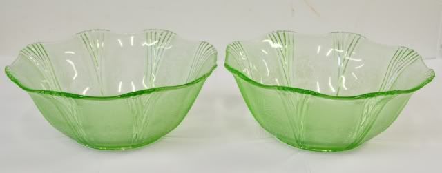 pair of green depression glass bowls with frosted panels and vine 