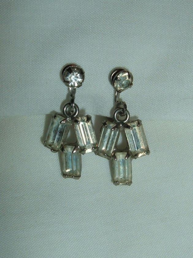 Art Deco Clip on Rhinestone Drop Earrings G7  