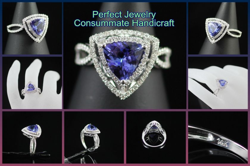 SOLID 14K WHITE GOLD NATURAL 8.13MM TRILLION CUT VVS TANZANITE & VS 