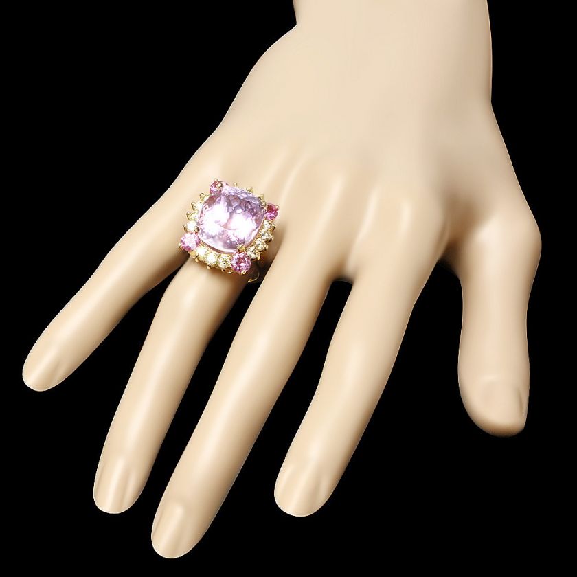 11500 CERTIFIED 14K YELLOW GOLD 18.70CT KUNZITE 1.35CT DIAMOND RING 