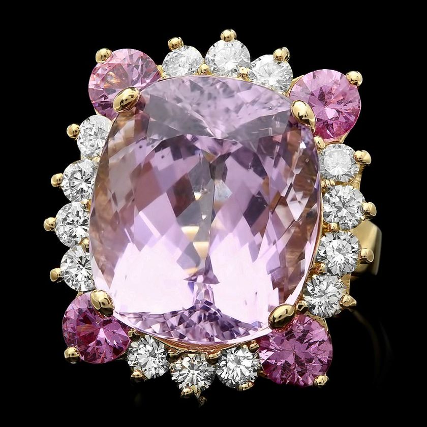 11500 CERTIFIED 14K YELLOW GOLD 18.70CT KUNZITE 1.35CT DIAMOND RING 