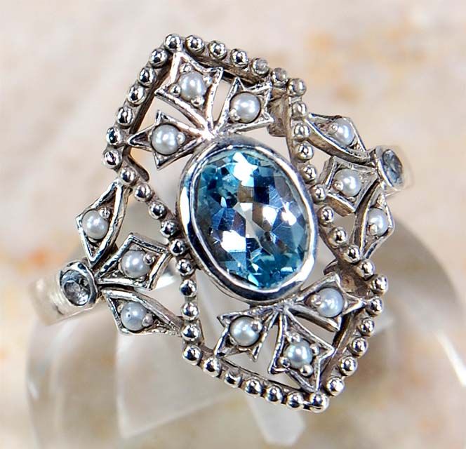 Aquamarine Seed Pearl 925 Solid Sterling Silver Victorian Style Ring 