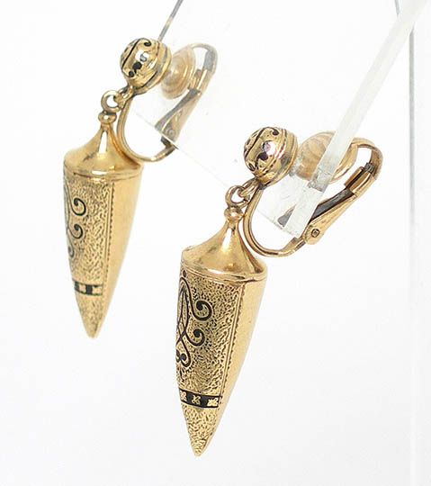 ORNATE VINTAGE 14k GOLD ENAMELED CONE DANGLE EARRINGS  