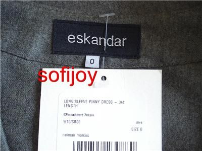 NWT $1590 eskandar PINNY dress size 0 cashmere/silk OLIVE green Free 