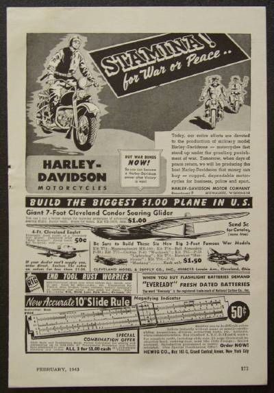 1943 Harley Davidson WWII AD *Stamina for War or Peace*  