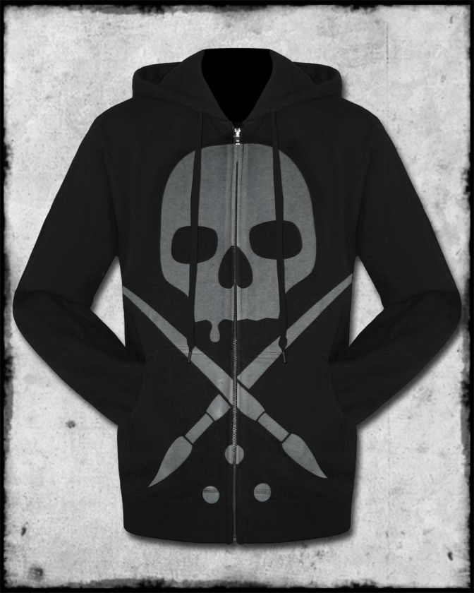 SULLEN CLOTHING WILL RISE MENS BLACK GREY TATTOO LOGO GOTH ZIP HOODIE 