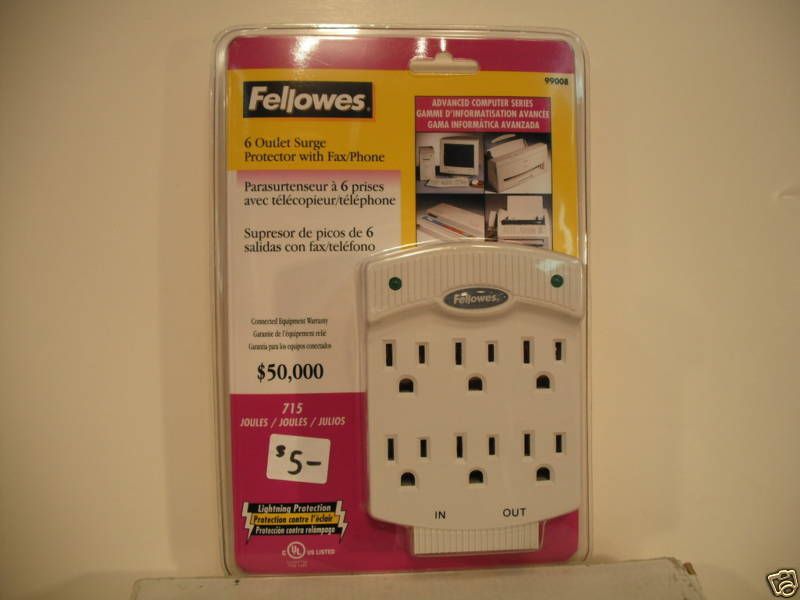 Fellowes 6 Outlet Wall Mount Surge Protector #99008  
