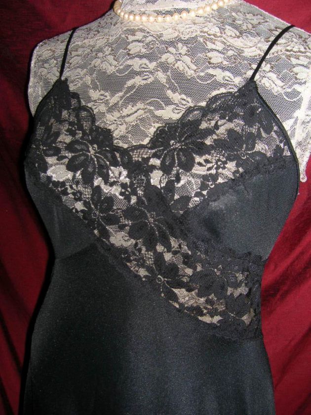 VINTAGE, BLACK NYLON SATIN & LACE LONG GOWN M 12 14  