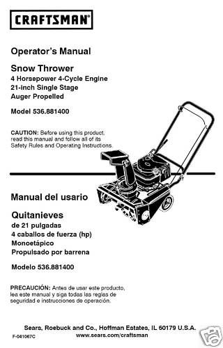  Craftsman Snow Thrower Manual Model No.536.881400  