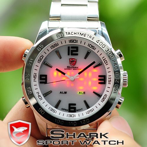 New White SHARK STEEL LED DIGITAL DATE DAY Alarm QUARTZ SPORT Mens 