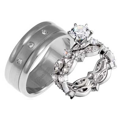   Titanium Sterling Silver Round CZ Antique 3 Pcs Wedding Rings Set