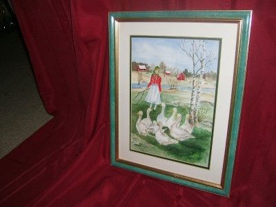 Geldine Johnson signed Watercolor Painting Girl w Ducks  