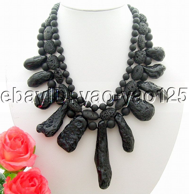 Amazing 3Strds Black Jasper&Black Volcano lava Necklace