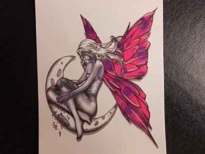 PINK WINGED FAIRY SITTING ON MOON TEMPORARY TATTOO 6038  