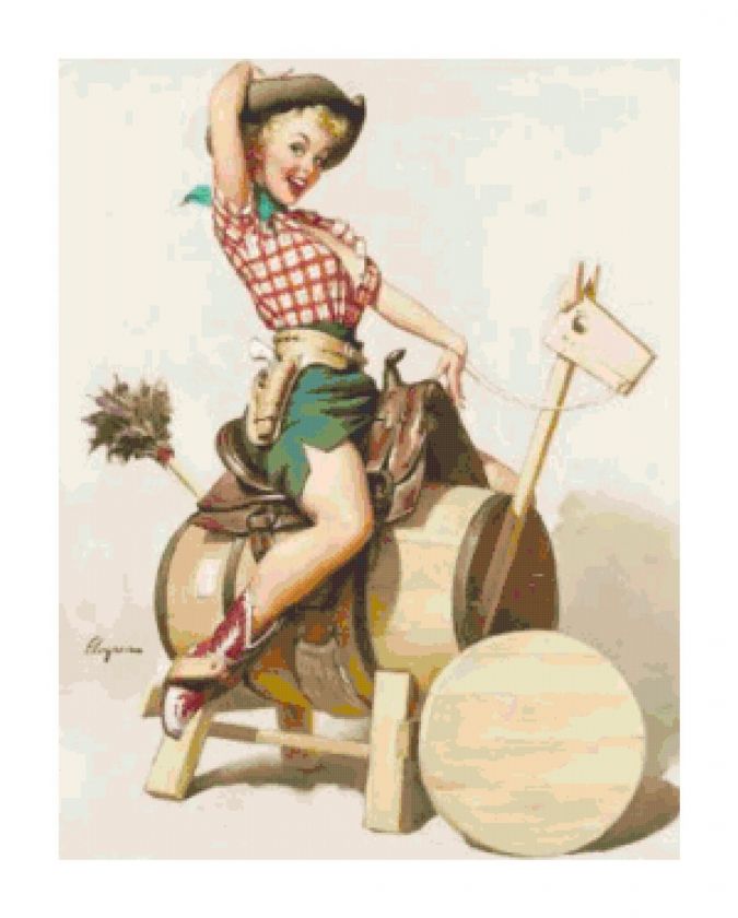 Retro Cowgirl Pin Up Riding a Horse CrossStitch Pattern  