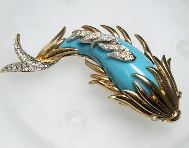 Rare~Marcel BOUCHER Gold Tone & Rhinestone KOI FISH Pin Brooch 