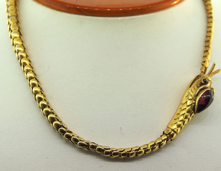 VICTORIAN UNIQUE ROYAL 18K GOLD CABACHON GARNET SNAKE NECKLACE PENDANT 