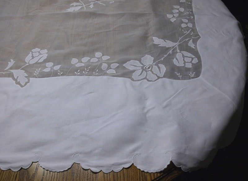 Rare Appliqué Madeira Banquet Tablecloth Organdy & Linen 140  