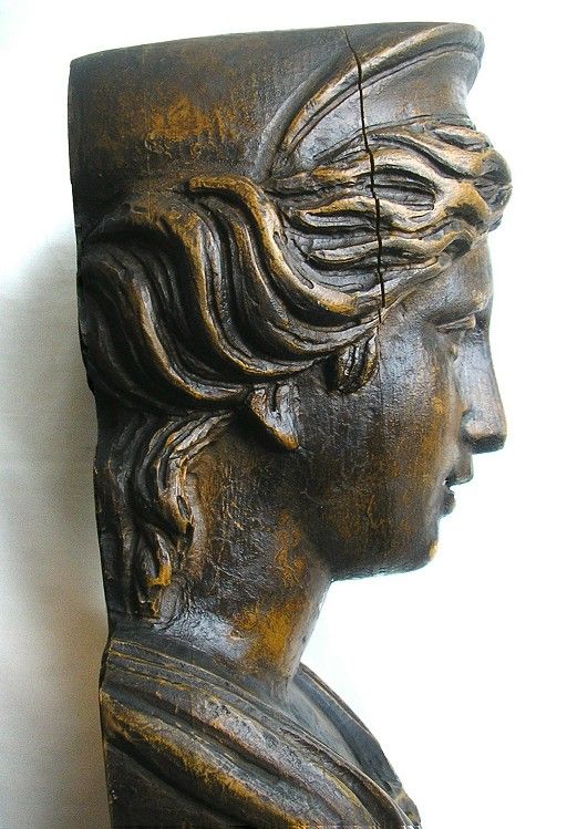 CARYATID STATUE COLUMN BUST SUPERB CARVED WOOD ANTIQUE PEDIMENT  