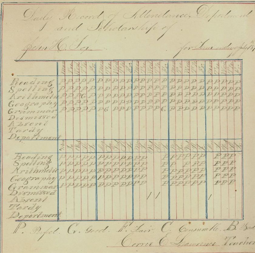 1870 Unique School Report Card Jaffrey NH Calligraphy  