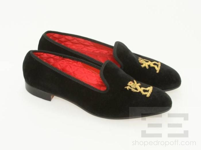  Mens Black Velvet & Gold Lion Applique Loafer Shoes 