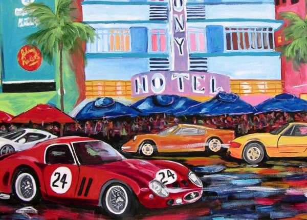 NEW XXL SOUTH BEACH FERRARI Original Art PAINTING DAN BYL Fine 