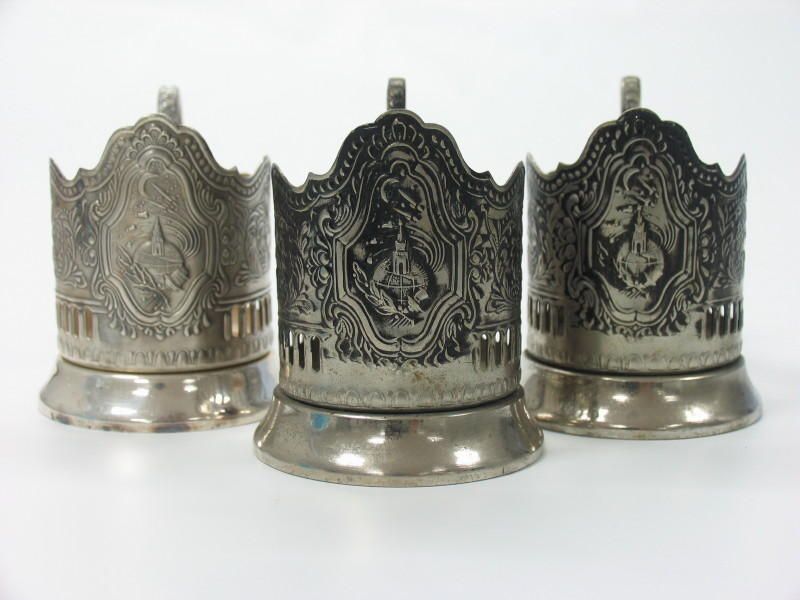 SET 3 SPACE RUSSIAN MELKHIOR TEA GLASS HOLDER KREMLIN  