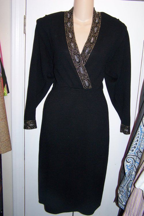 ST JOHN Marie Gray Vtg Black Santana Knit Beaded Dress  