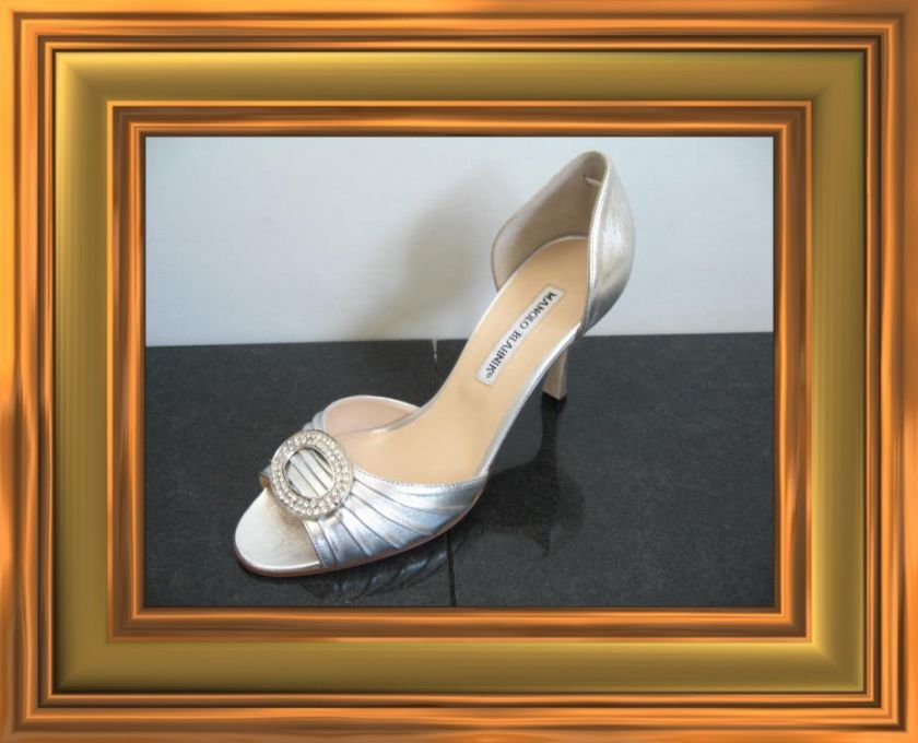 MANOLO BLAHNIK SILVER NAPPA SEDARABY D ORSAY SHOES 38  