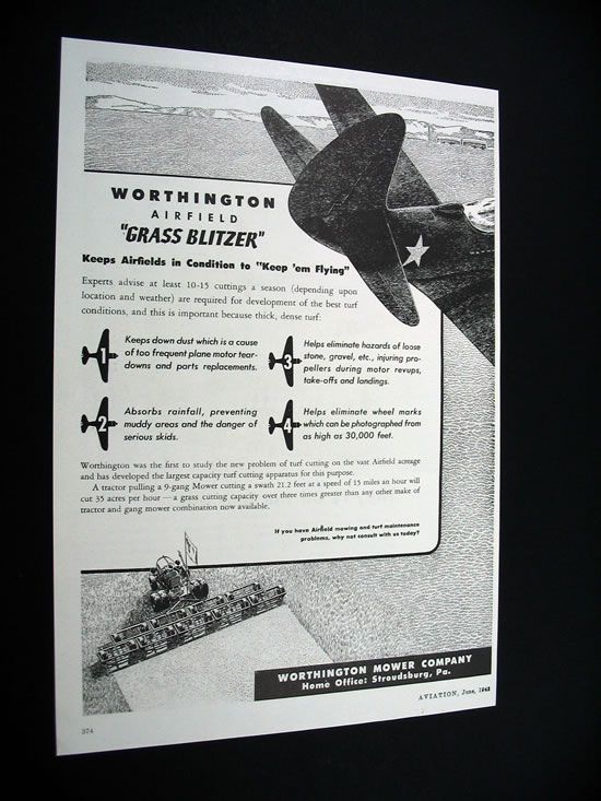 Worthington Airfield Grass Blitzer turf cutting 1943 Ad  