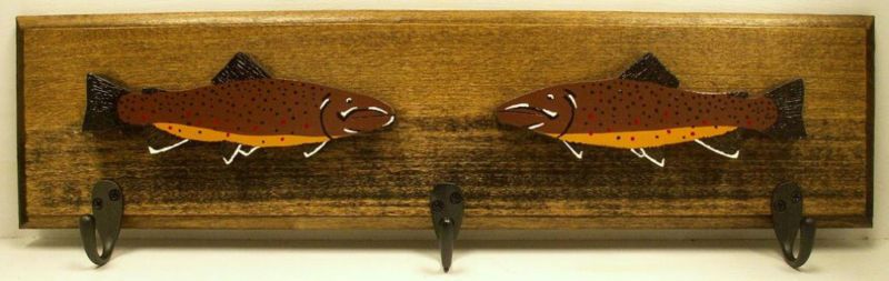 COAT HAT RACK Brown Trout fly fishing rods reels flies  