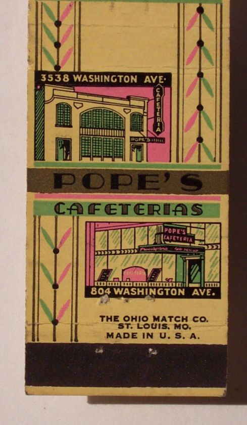 1930s For Safety Matchbook Popes Cafeterias St. Louis MO Missouri 