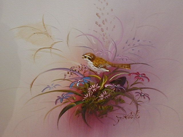 Lovely Little Oil Painting of Bird In Flowers  