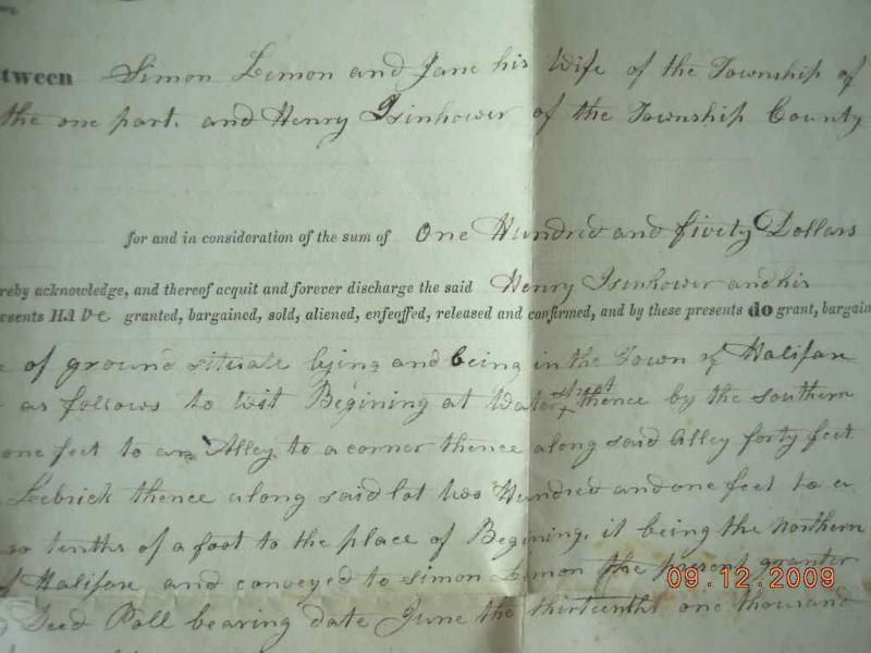 1839 antique LEMON deed ISINHOWER halifax DAUPHIN pa  