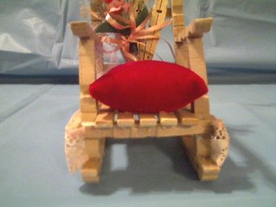 VINTAGE LOOK DOLL CLOTHESPIN ROCKING CHAIR WITH RED VELVET PILLOW 