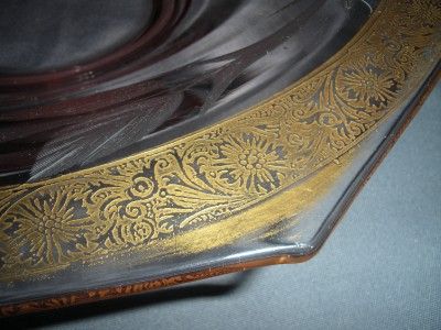 PINK DEPRESSION ELEGANT GLASS CONSOLE BOWL ETCHED GOLD  