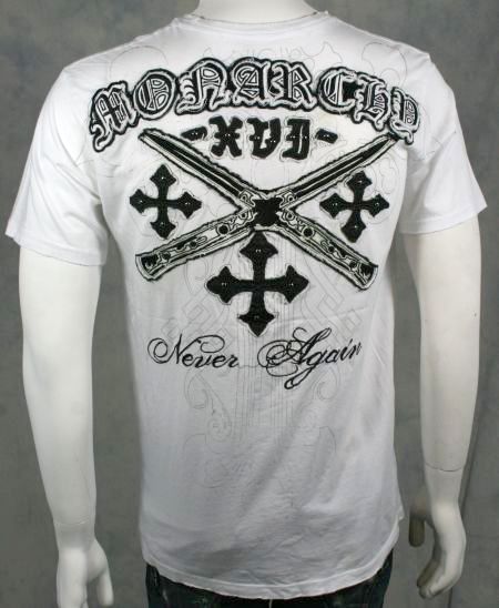 MONARCHY Mens v neck T Shirt White NEVER again Embroidered L  