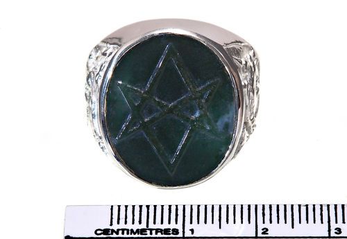 Green jade Sculpted Unicursal Hexagram Silver Ring  