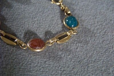 ANTIQUE RARE MULTI AGATE GOLDED FILL SCARAB BRACELET  