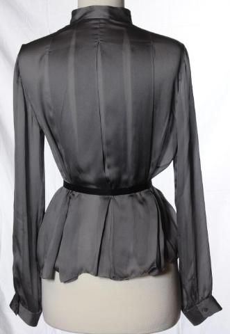 Prada Dark Grey Satin Tie Waist 100% Silk Ruffled Blouse Shirt Top 42 