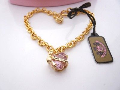   Juicy Couture Faceted Heart Banner Bracelet Goldtone Pink Stone  