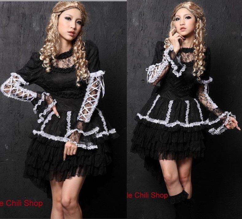 Dolly Gothic Punk Lolita Lace Party Dress 61218BW M  