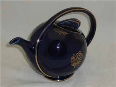 HALL 6 Cup Cobalt Blue Air Flow Tea Pot Gold Overlay  
