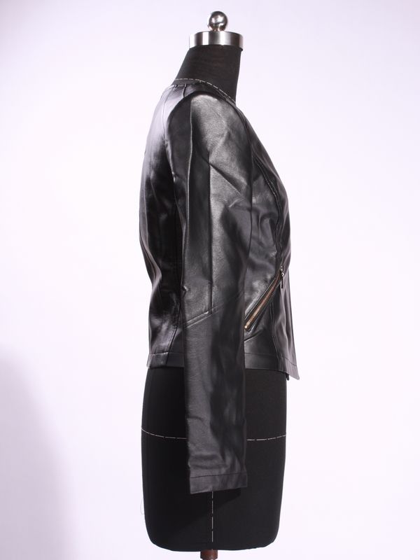 Black Short Collarless Zipper Womens Faux Leather Jacket Coat US Size 