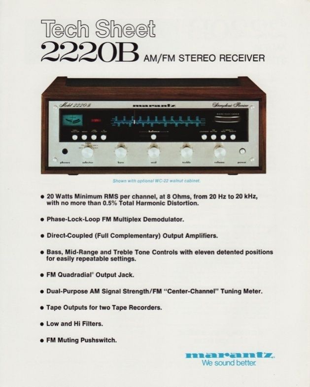 Marantz Model 2220B Receiver Tech Sheet Brochure 1978  