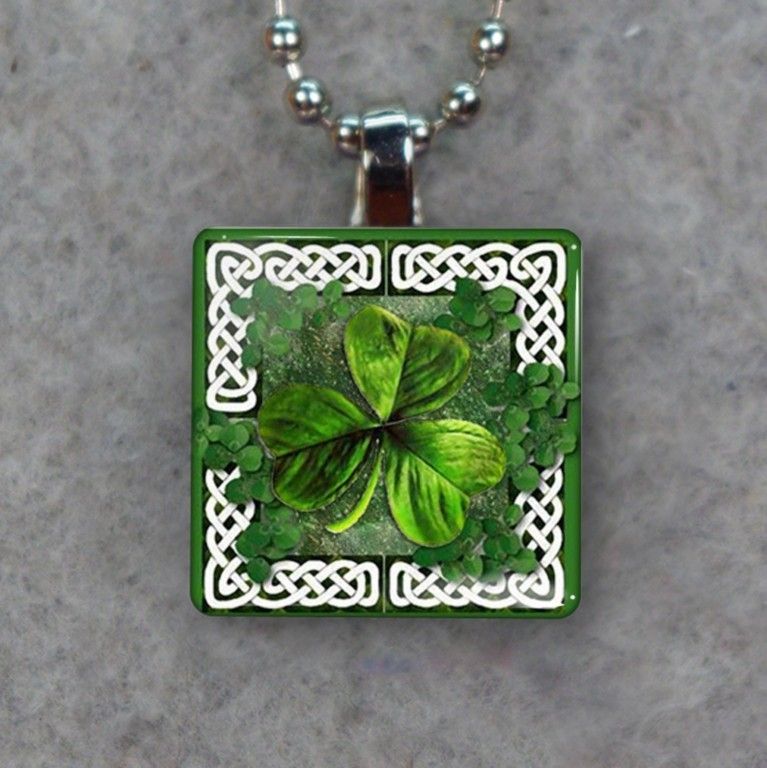 Celtic Knot Shamrock Irish Glass Tile Pendant Necklace 711  