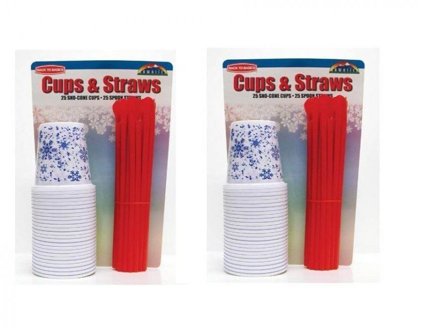 50 Plastic Snow Cone Flat Bottom Cups w/ spoon straws  