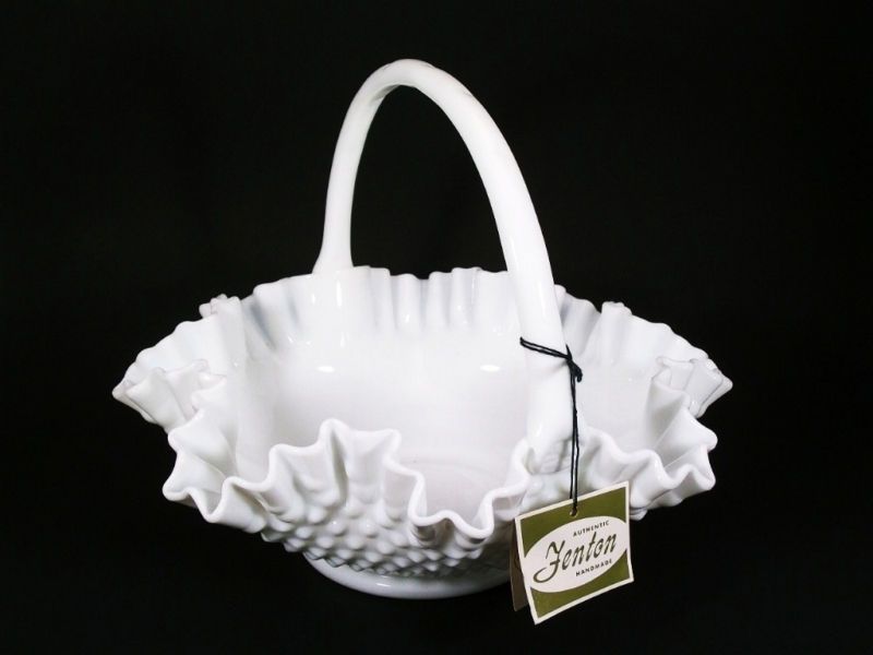 Vintage Fenton Milk Glass Hobnail Basket With Handle  